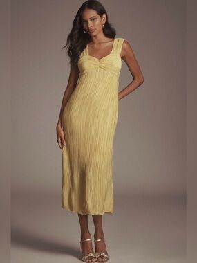 ❌SOLD❌ By Anthropologie Yellow Gold Pleated Satin Midi Dress